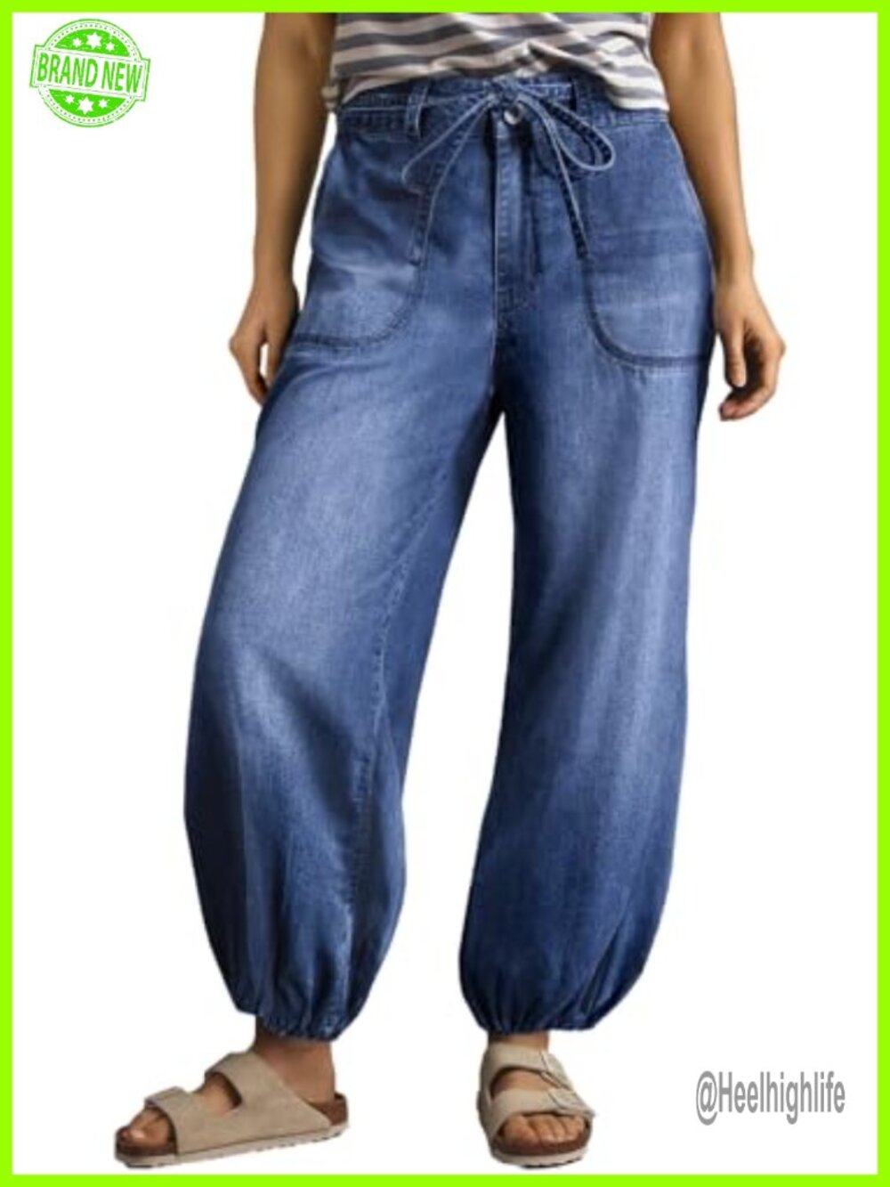 High Waisted Wide Leg Harem Jeans with Drawstring